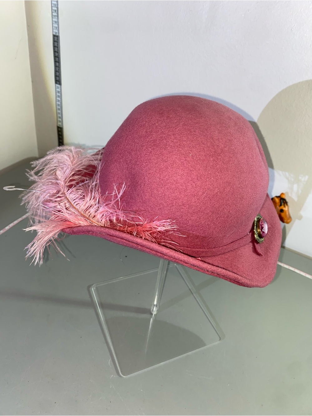 Wool Doeskin Felt Bollman & Co. Hat Red w/ Feathers USA vtg